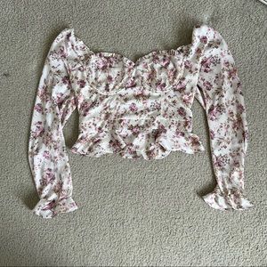 Off white mauve floral crop top silky feel and frilly